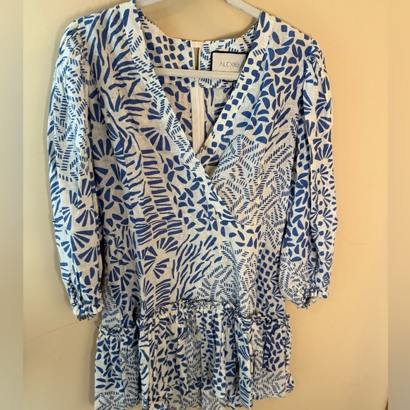 Alexis Idony Blue Printed Linen Mini Flounce Dress size L - Picture 2 of 8